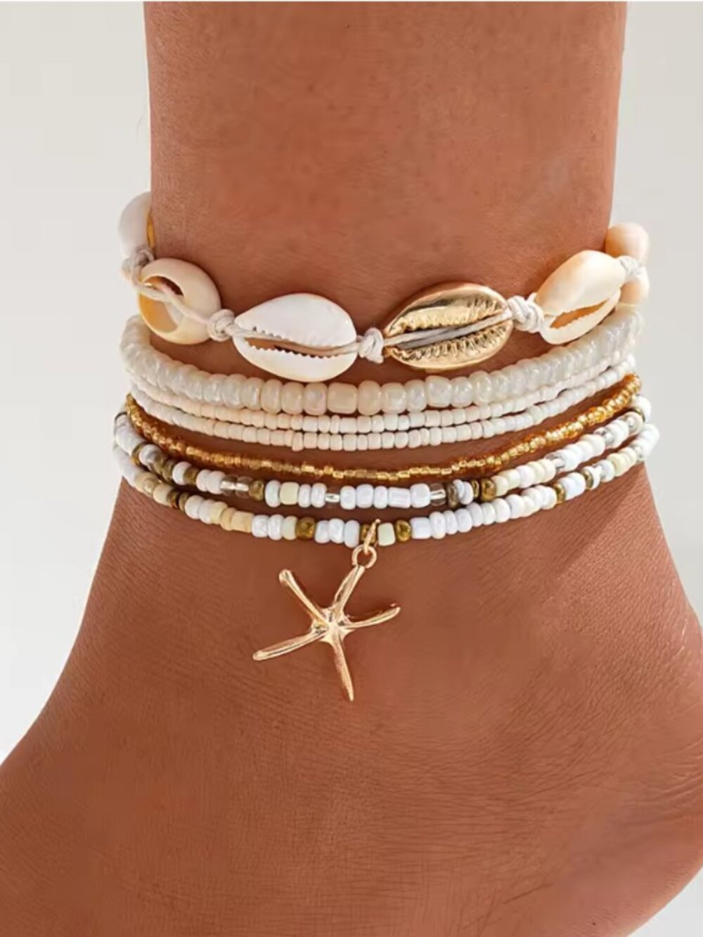 🌊 7PC Boho Beach Anklet Set | Starfish & Shell Coastal Stack 🌊